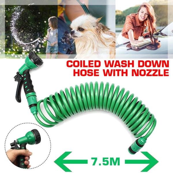 

7.5m flexible coiled spiral garden car washing clean water hose with spray nozzle for household wash watering equipments