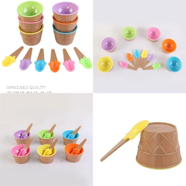 

6pcs children colored ice cream bowl + cone spoon plastic children's party tart style dessert small kitchen accessorie bowls