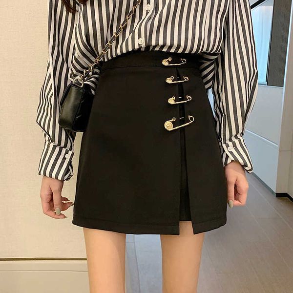 

elegant fashion summer paper clip personality punk casual female korean ulzzang split high waist chic skirt 210608, Black