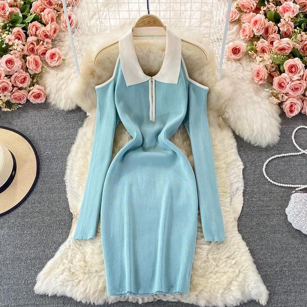 

casual dresses amolapha knitted long sleeve autumn winter slim off shoulder strapless backless 2021 women sweater sheath mini dress, Black;gray