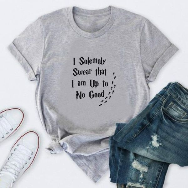 

women's t-shirt i solemnly swear letter print t-shirts daily pure cotton shirt man o neck black female friendship party apparel, White