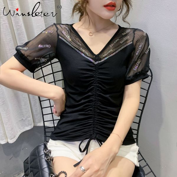 

women's t-shirt summer korean clothes t-shirt v-neck diamonds patchwork lace women ropa mujer short sleeve up tees t0650, White