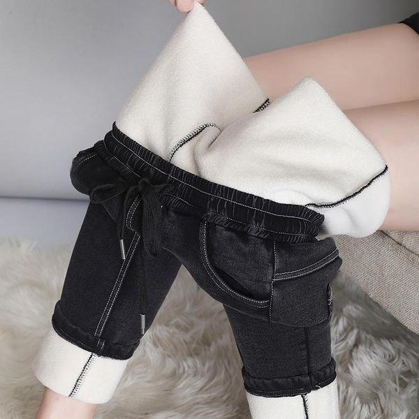 

women's jeans autumn winter high waist women denim trousers stretch streetwear black boyfriend female plus velvet mom q4835, Blue