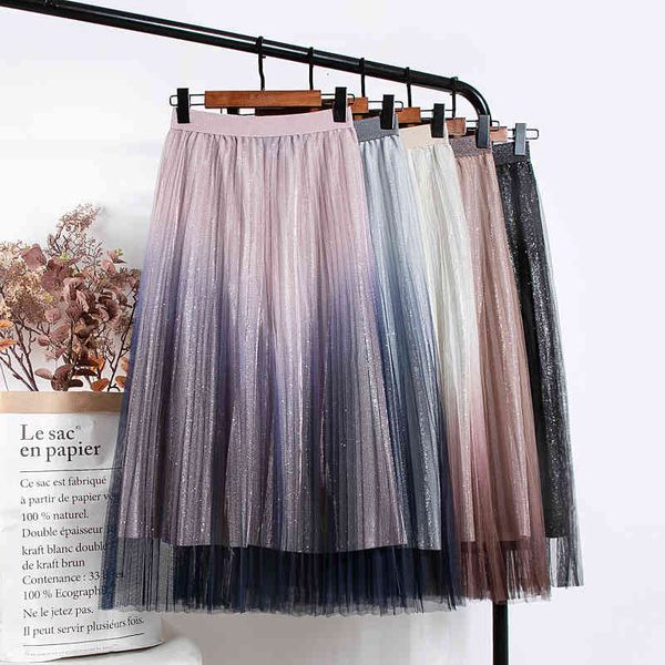 

skirts sweet gradient metallic pleated long mesh black pink blue a-line tulle hamn