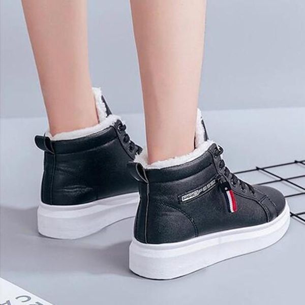 

boots winter women ankle warm pu plush woman outdoor sneakers flats lace up ladies shoes short snow, Black