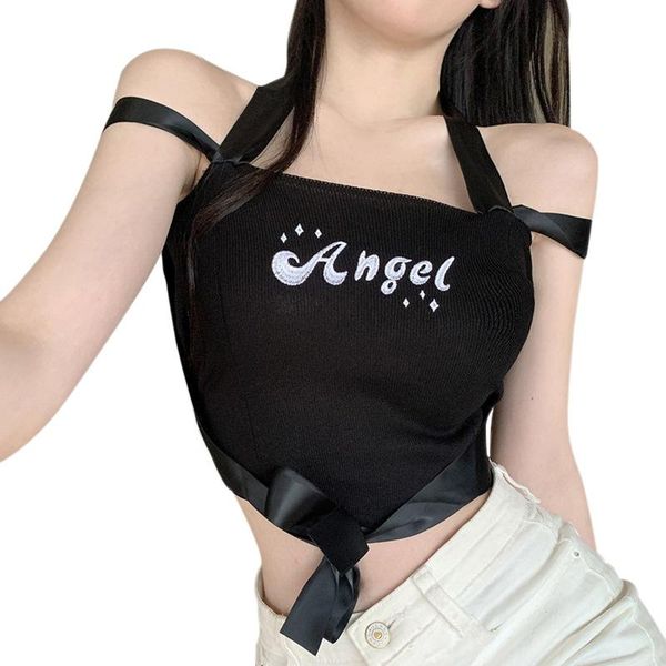 

women's t-shirt summer sleeveless mini clothes letter print slash neck bow slim exposed navel knitted tank crop, White