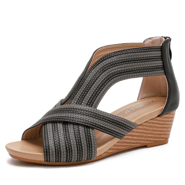 

sandals simi slope heel women's mid-heel 2021 summer european fashion casual bag zipper roman shoes ladies sandals36-42, Black