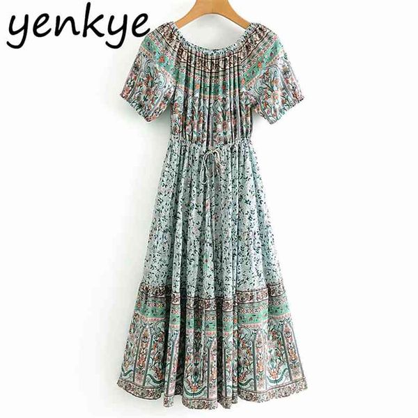 

off shoulder boho dress women short sleeve drawstring waist holiday summer floral print casual beach long es 210514, Black;gray