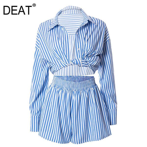 

[deat] summer fashion turn-down collar long sleeve stripe shirt high waist shorts women two-piece suit 13q005 210527, White
