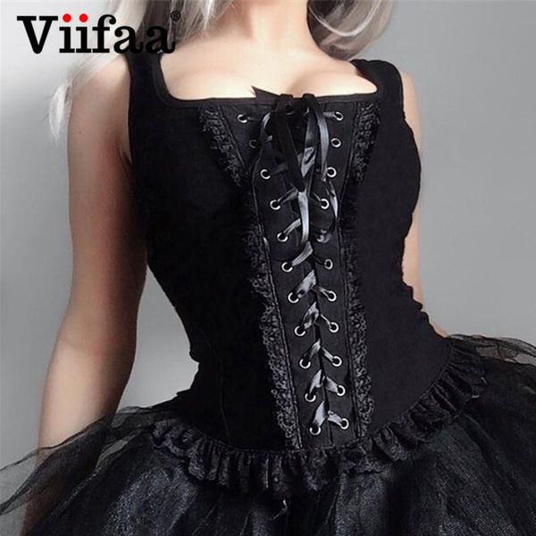 

women's tanks & camis viifaa lolita style contrast ruffle lace hem gothic up tank women black sleeveless streetwear tunic crop, White