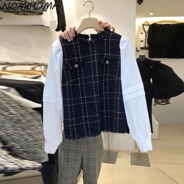 

women's blouses & shirts nomikuma fashion tweed patchwork blouse shirt 2021 autumn hit color long sleeve womens korean elegant blusas, White