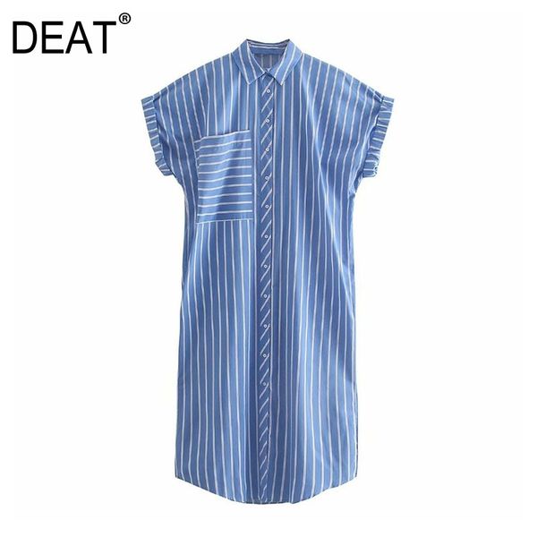 

[deat] summer fashion single-breasted turn-down collar short sleeve stripe loose casual dress women 13q567 210527, Black;gray
