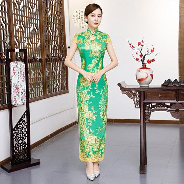 

women green exquisite qipao elegant flower embroidery cheongsam temperament slim long banquet gown vintage chinese dress ethnic clothin, Red