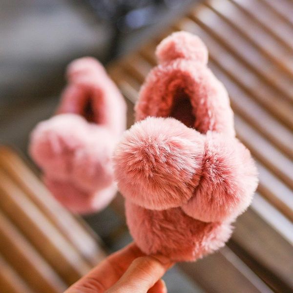 

slipper kids fluffy ball warm cotton slippers soft anti-skid rubber boys girls children' winter shoes, Black;grey