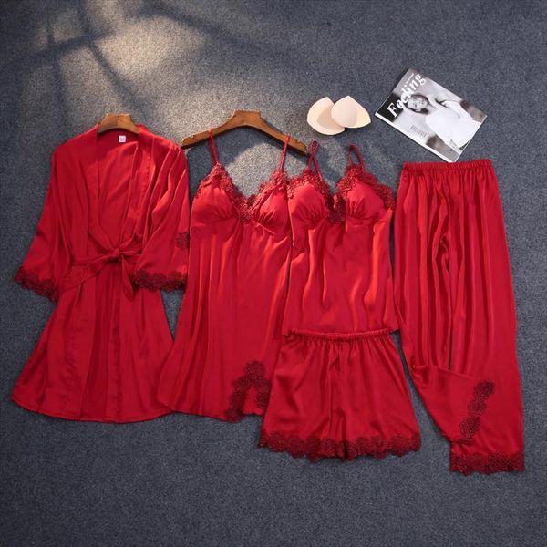 

brand fashion 1 5 pcs women sleepwear silk sleep suit lace satin pajamas set v neck pijama home wear spring, Black;red