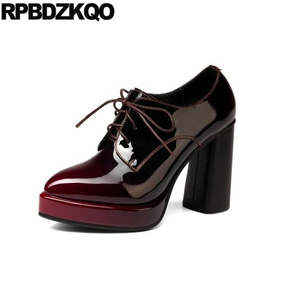 

dress shoes 2021 women pumps oxford pointed toe plus size patent leather  42 lace up thick high heels extreme vintage super wine red, Black