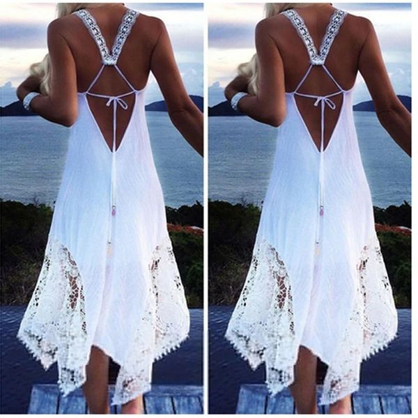 

casual dresses bigsweety women lace patchwork sleeveless backless dress summer strapless lace-up beach beachwear vestidos, Black;gray