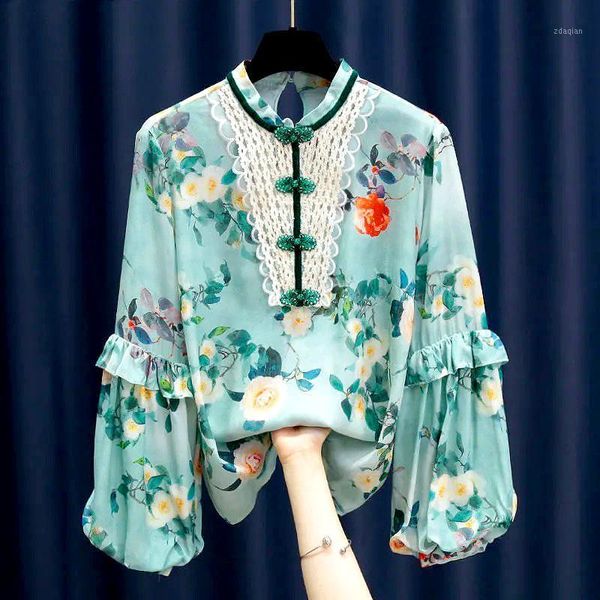 

women's blouses & shirts vintage shirt ruffles long sleeve blouse and women chic button ladies printed blusas clothing ls033, White