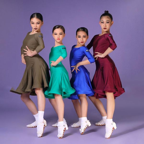 

stage wear h9264 child kids standard latin dance competition dress girls elegant half sleeves pro costume for tang chacha samba performance, Black;red