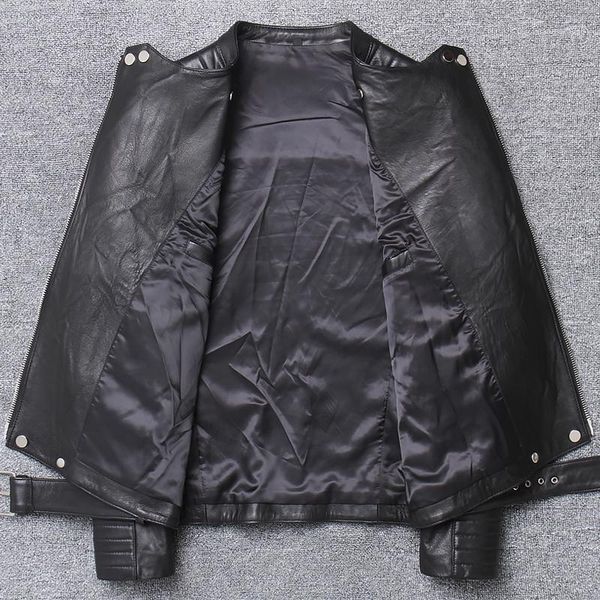 

men's leather & faux 2021 black men punk style jacket plus size xxxxxl genuine sheepskin slim fit short biker's coat