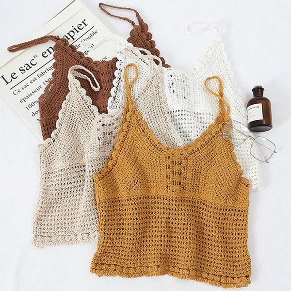 

women's tanks & camis summer hollow out camisole wear v-neck slim fit crop spaghetti strap crochet shirts female, White