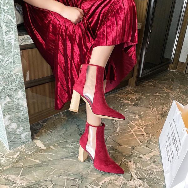 

boots women's mid calf pointe shoes boots-women round toe transparent heel femme pointy rubber rock low autumn l3pn, Black