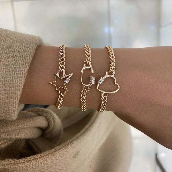 

link, chain gold aesthetic bracelet sets for women vintage fashion charm thick adjustable hollow heart accessories boho jewelry gift, Black