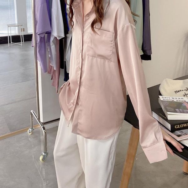 

women's blouses & shirts 2021 fashion retro long sleeve leisure harajuku temperament blouse wild casual turn-down satin, White