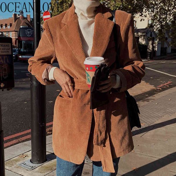 

corduroy women jackets sashes bandage solid autumn winter mujer chaqueta vintage femme veste elegant 18589 210415, Black;brown