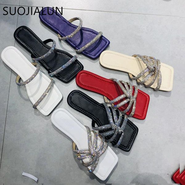 

slippers suojialun 2021 fashion brand rhinestone women soft sole slip on flat slides ladies summer outdoor beach sandals shoes, Black