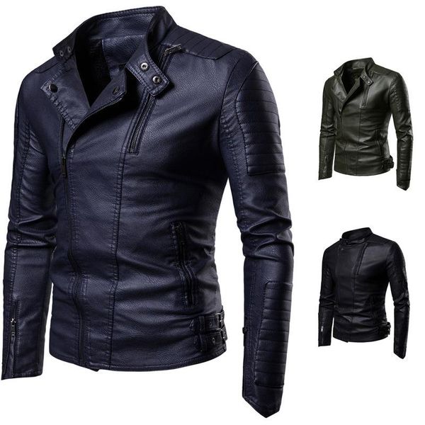 

men's leather & faux autumn and winter products cable-stayed locomotive jacket plus velvet trend casual coat, Black