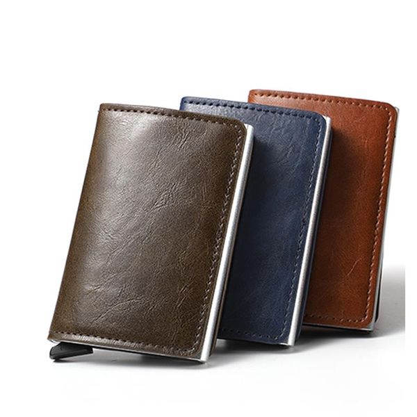 

card holders men antitheft holder fashion metal rfid aluminium case pu leather travel wallet, Brown;gray