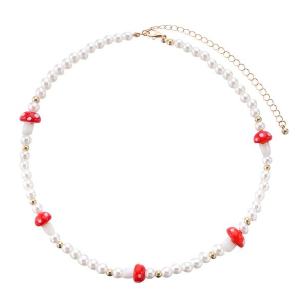 

chokers simulated white pearl necklaces for women fashion cute red ceramic mushroom necklace ladies party jewelry gifts, Golden;silver