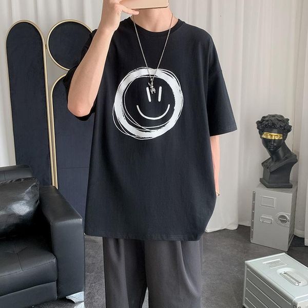 

hybskr men's loose casual male smile printed short sleeve tees cool fashion t shirt for men and women t-shirts, White;black