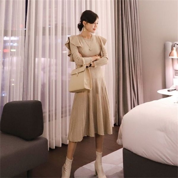 

fashion women's dress autumn and winter temperament ruffled waist knitted big swing sweater 210520, Black;gray