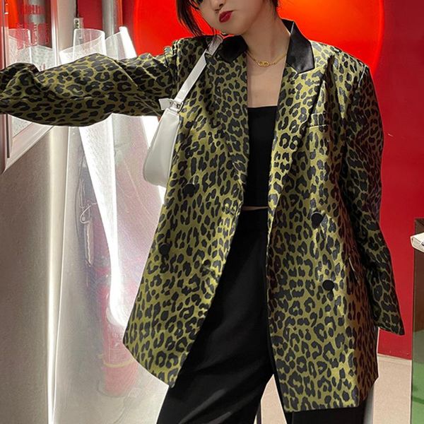 

women's suits & blazers [ewq] korea chic casual trendy women lapel double-breasted leopard print fashion loose long-sleeved blazer autu, White;black