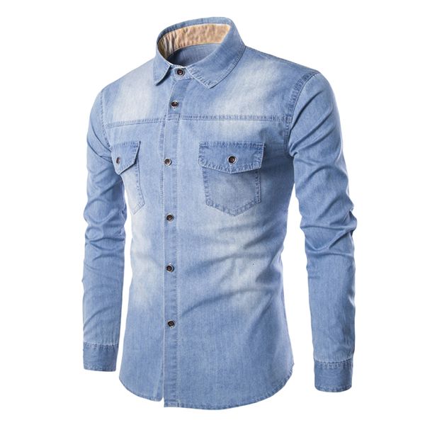 

men's casual shirts wholesale- long sleeve washed blue denim men slim fit man cowboy jeans shirt cotton camisa masculina chemise homme, White;black