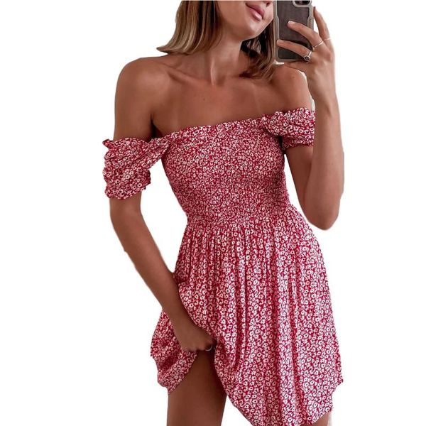 

party dresses women slash neck off shoulder floral print stretchy bust mini dress summer boho casual slim holiday beach sundress vestid, White;black