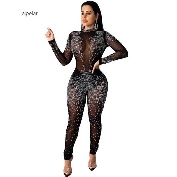 

women's jumpsuits & rompers luxury rhinestone sparkly party jumpsuit women long sleeve mesh see through romper skinny birthday night cl, Black;white