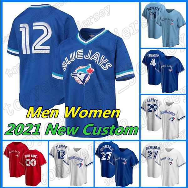 

custom blue baseball 4 george springer jays 12 roberto alomar jersey 27 vladimir guerrero jr 10 marcus semien 8 cavan biggio joe carter, Blue;black