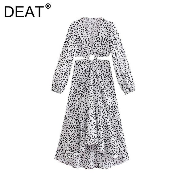 

casual dresses [deat] 2021 summer fashion tide v-neck high waist ankle-length hollow out long sleeve elegant printing dress women 13z603, Black;gray