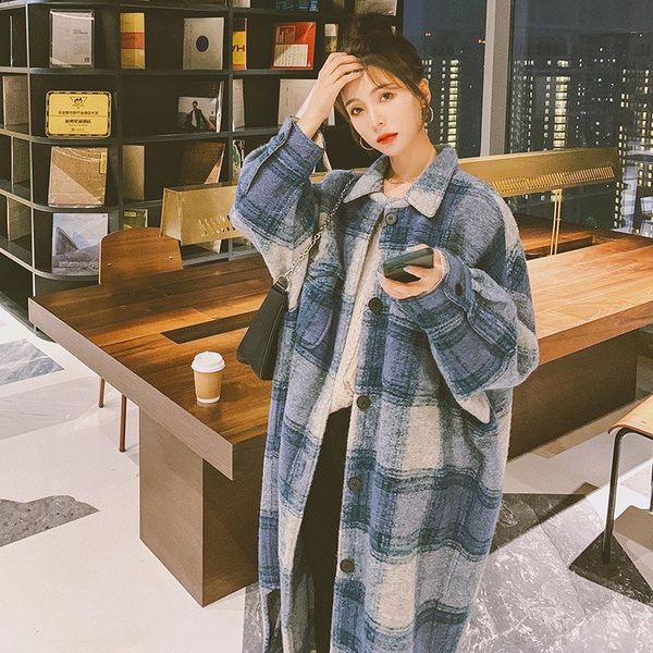 

women's wool & blends shirt style woolen plaid coat fall / winter 2021 korean loose slouchy mid long for women, Black