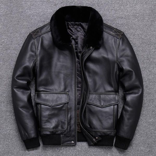 

men's leather & faux autumn / winter genuine cowhide jacket pilot uniform motorcycle slim coat, Black