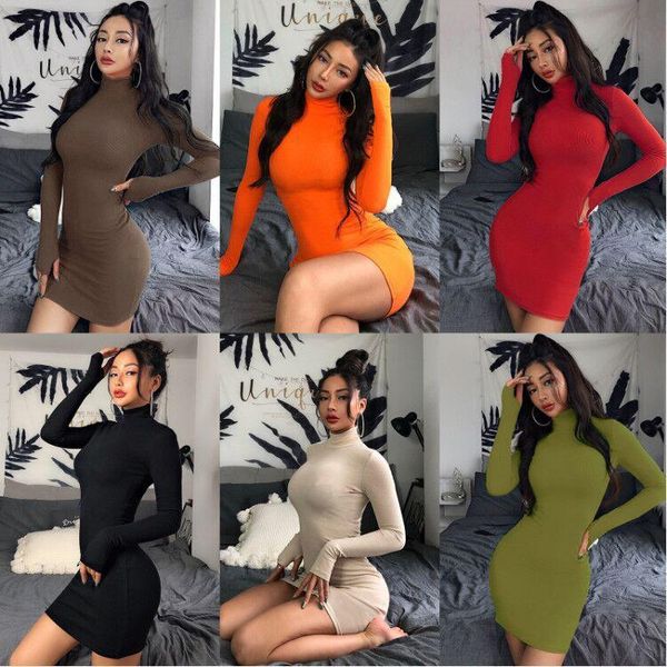 

casual dresses pure color dress women's long sleeve half high neck waist tight club short fall 2021 mini vestidos, Black;gray