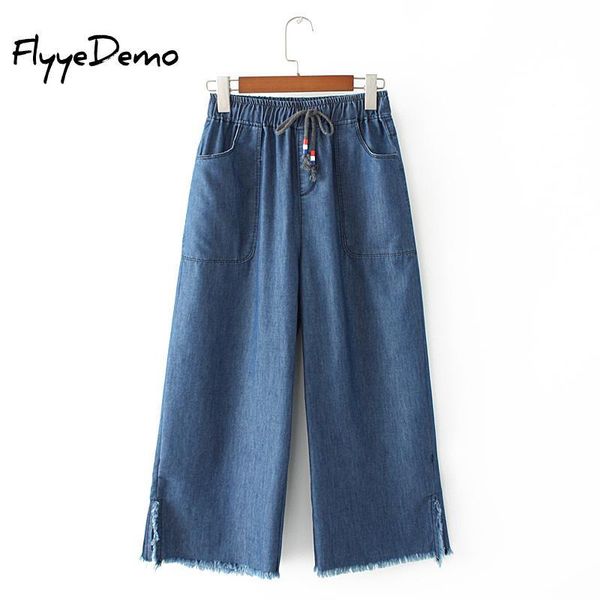 

women's pants & capris side slit plus size s-4xl loose high elastic waist denim jeans casual 2021 spring summer big tassel wide leg tro, Black;white