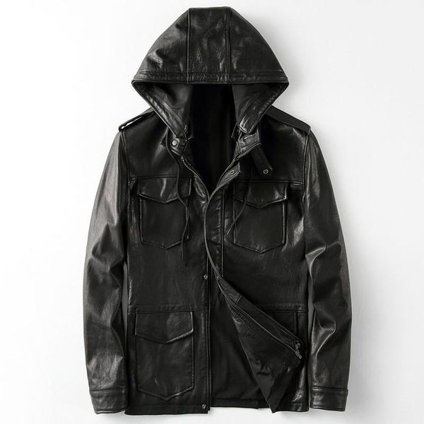

men's leather & faux 2021 genuine jacket men vintage sheepskin coat hood motorcycle jackets casaca cuero kfs19m011, Black
