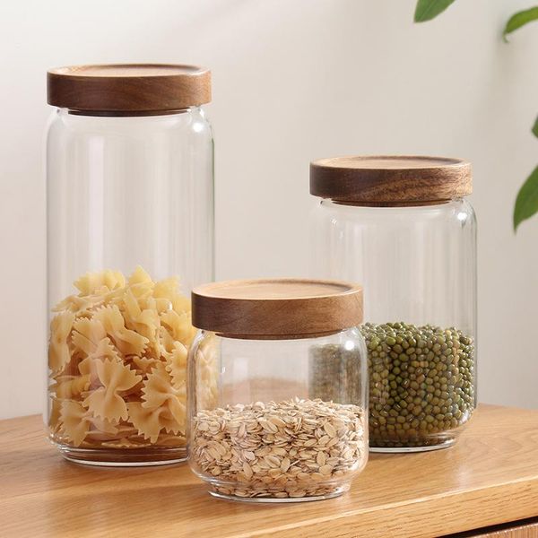 

storage bottles & jars glass with wooden lid airtight food container seal pot for coffee tea beans grains candy