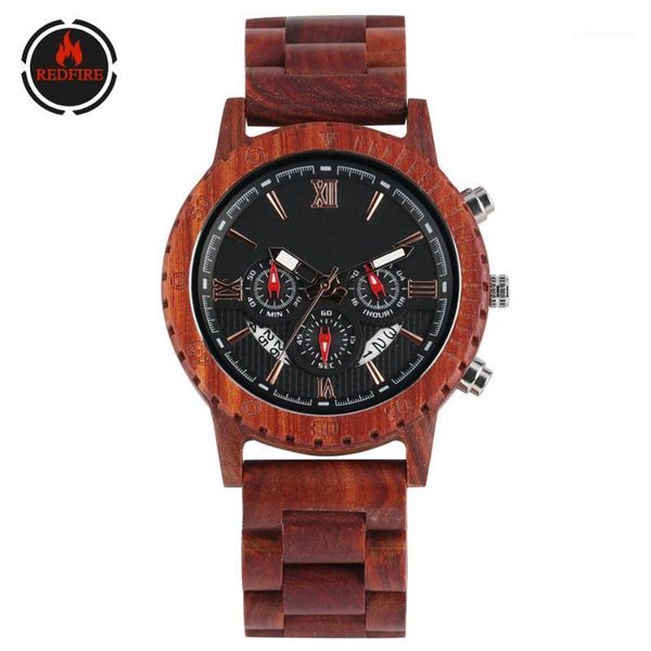 

wristwatches redfire luxury red wood men's watch calendar chronograph dial wooden clock business mens wristwatch folding clasp, Slivery;brown