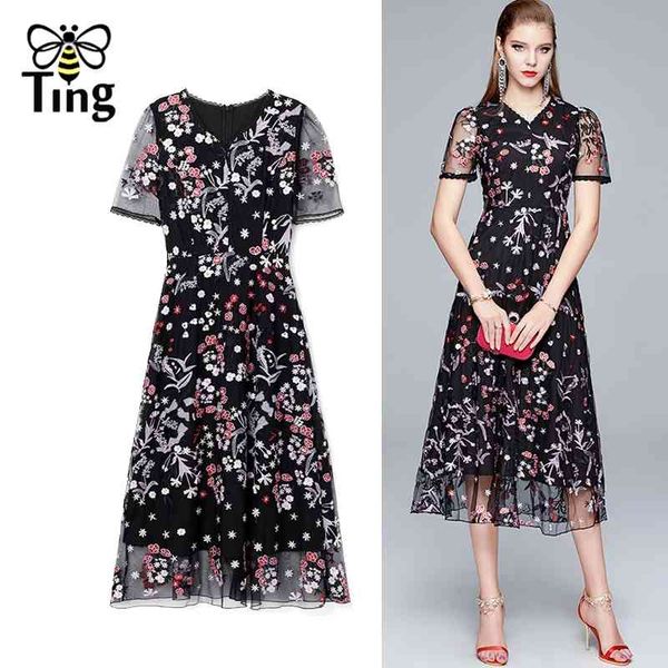 

vintage elegant flower embroidery midi long dress summer lace a line casual street office work vestidos plus 210513, Black;gray