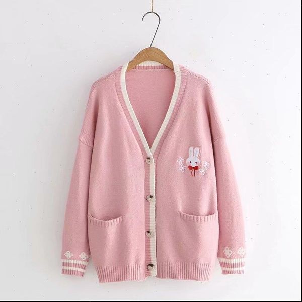 

autumn korean mori girl sweet women sweaters lolita cute bunny embroidery knitted sweater japanese long sleeve cardigan coat knitwear, White;black